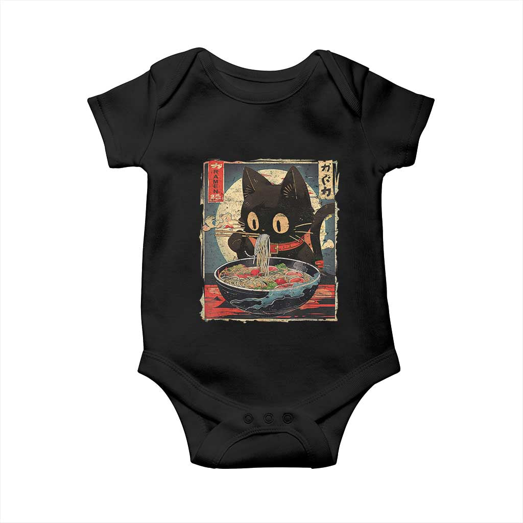 Funny Black Cat Eating Ramen Noodle Graphic Baby Onesie Japanese Kawaii Anime Gifts TS02 Black Print Your Wear