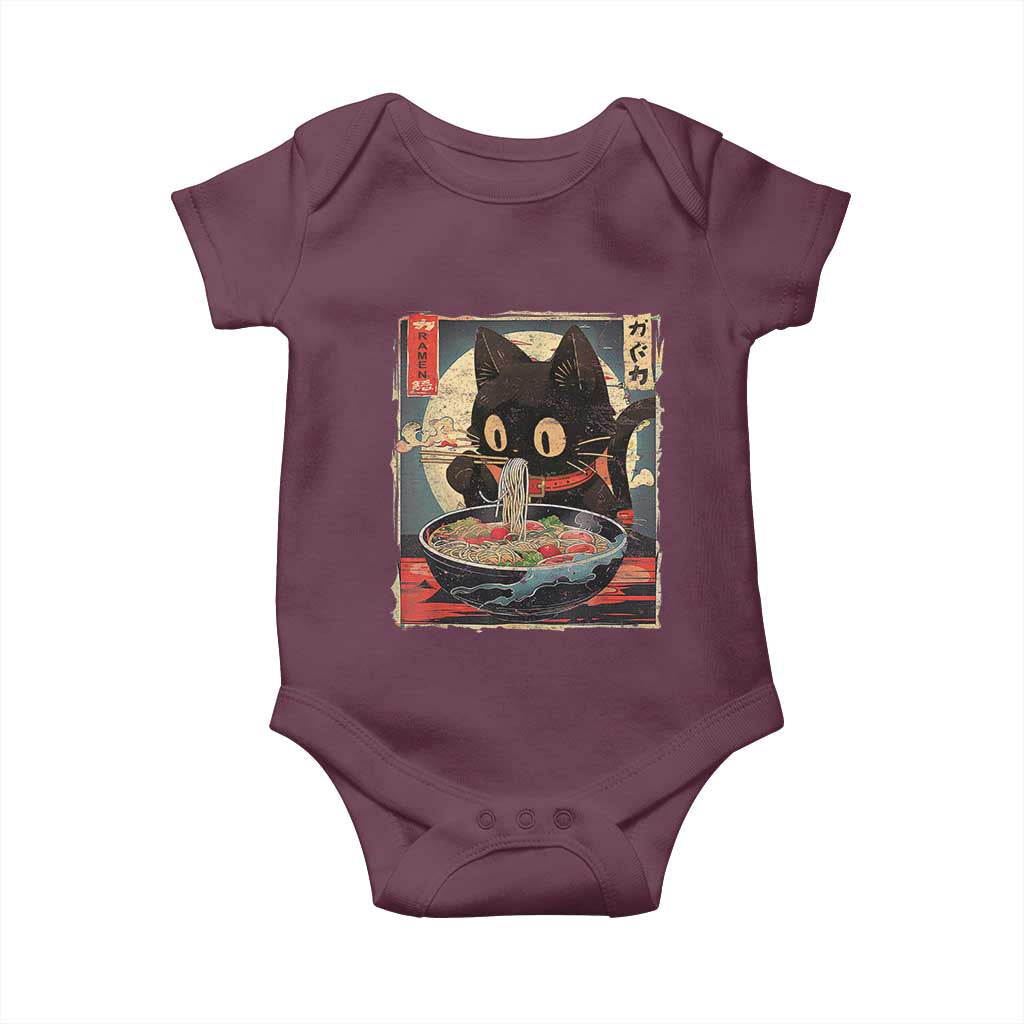 Funny Black Cat Eating Ramen Noodle Graphic Baby Onesie Japanese Kawaii Anime Gifts TS02 Maroon Print Your Wear