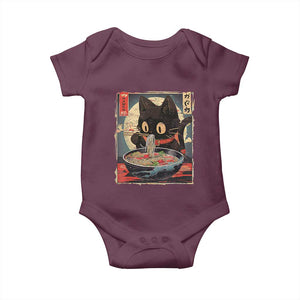 Funny Black Cat Eating Ramen Noodle Graphic Baby Onesie Japanese Kawaii Anime Gifts TS02 Maroon Print Your Wear