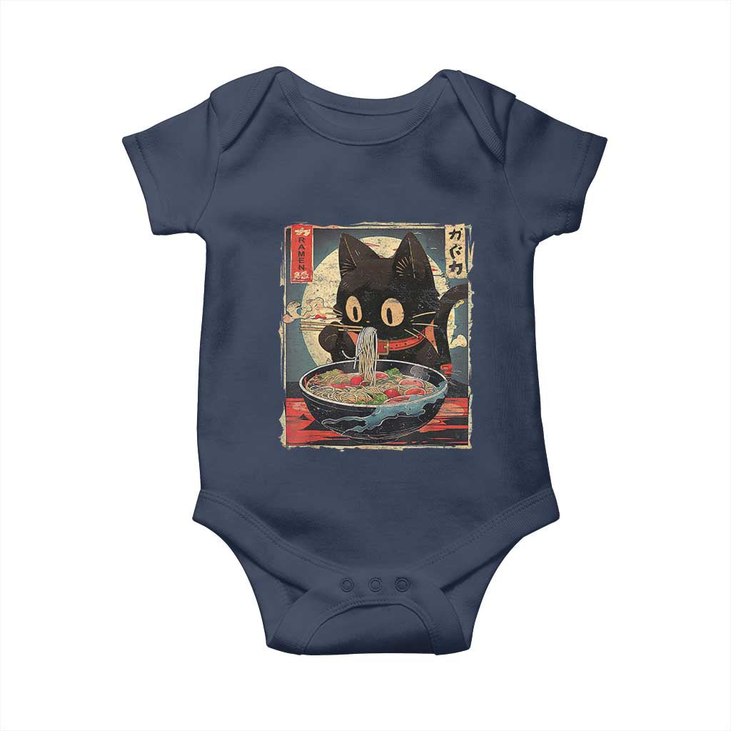 Funny Black Cat Eating Ramen Noodle Graphic Baby Onesie Japanese Kawaii Anime Gifts TS02 Navy Print Your Wear