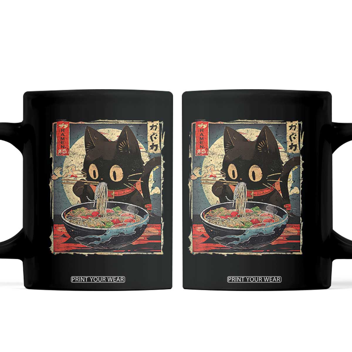 Funny Black Cat Eating Ramen Noodle Graphic Coffee Mug Japanese Kawaii Anime Gifts TS02 Black Print Your Wear