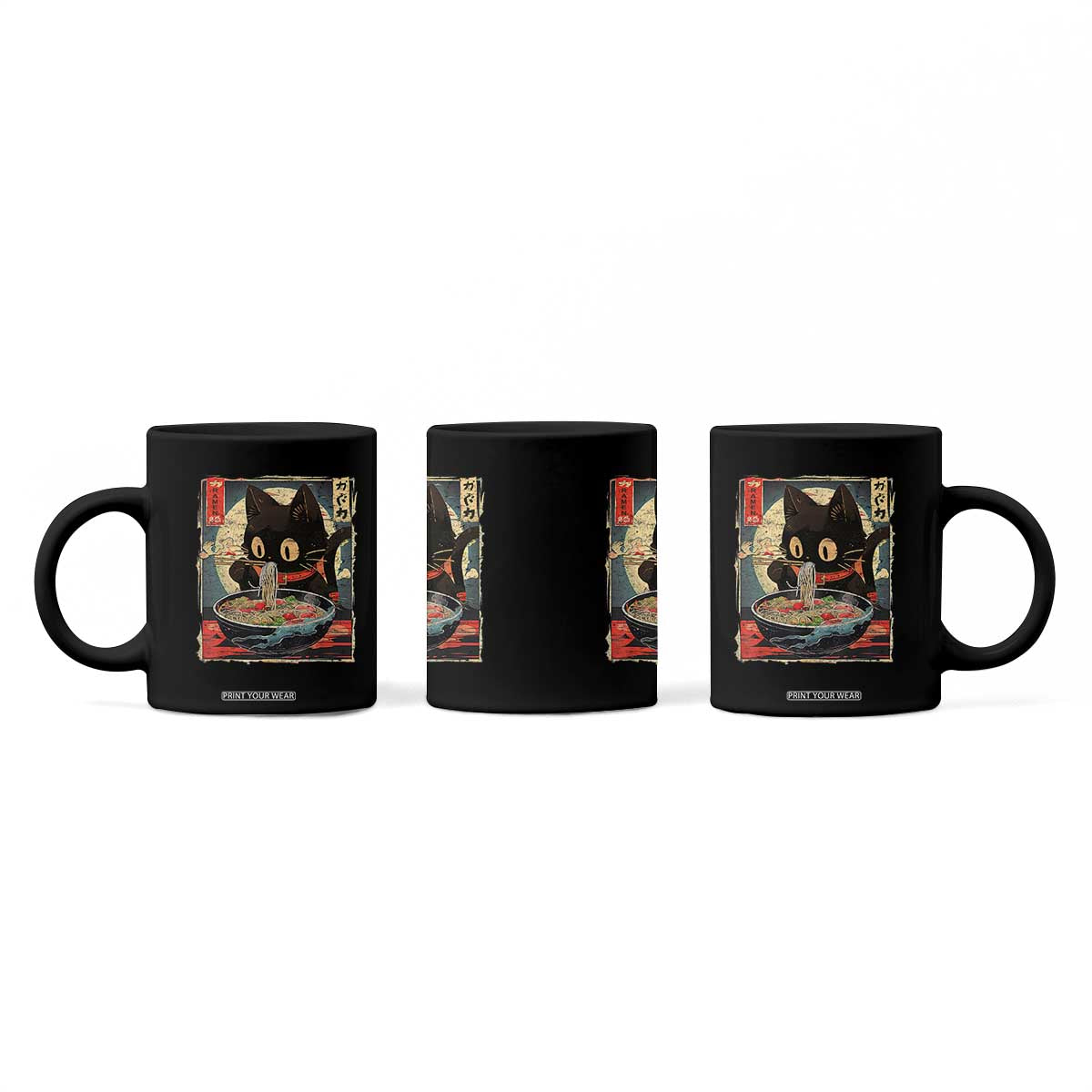 Funny Black Cat Eating Ramen Noodle Graphic Coffee Mug Japanese Kawaii Anime Gifts TS02 Print Your Wear