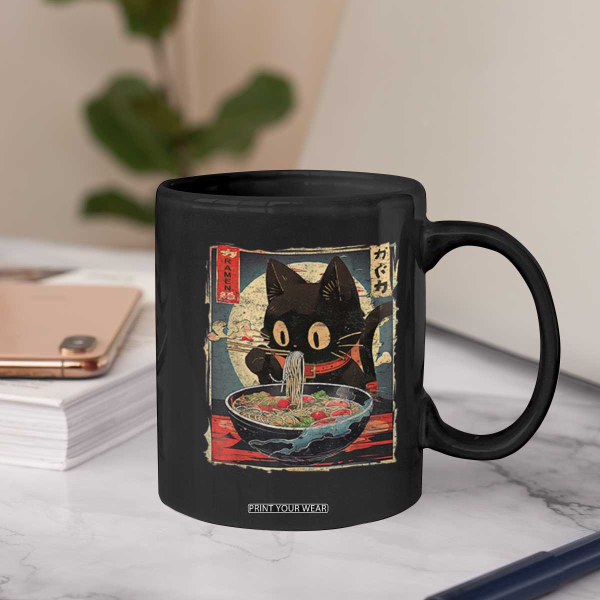 Funny Black Cat Eating Ramen Noodle Graphic Coffee Mug Japanese Kawaii Anime Gifts TS02 Print Your Wear