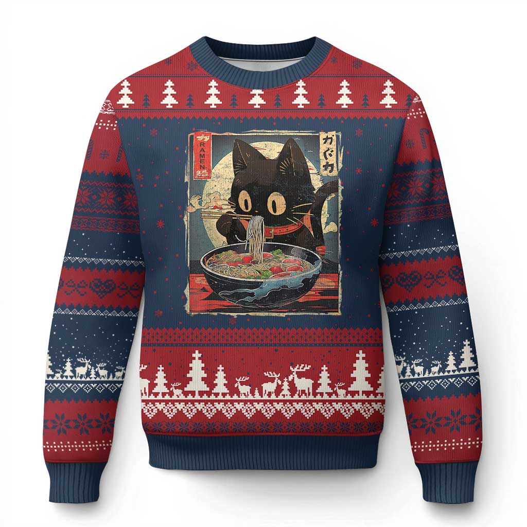 Funny Black Cat Eating Ramen Noodle Graphic Ugly Christmas Sweater Japanese Kawaii Anime Gifts TS02 Navy Red Print Your Wear