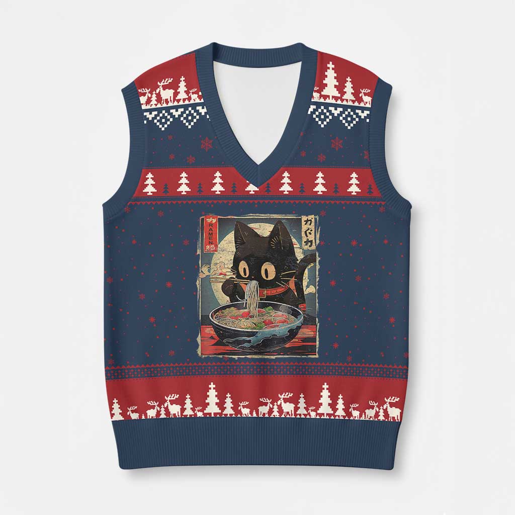 Funny Black Cat Eating Ramen Noodle Graphic V-Neck Knit Sweater Vest Japanese Kawaii Anime Gifts TS02 Navy Red Print Your Wear