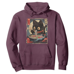 Funny Black Cat Eating Ramen Noodle Graphic Hoodie Japanese Kawaii Anime Gifts TS02 Maroon Print Your Wear