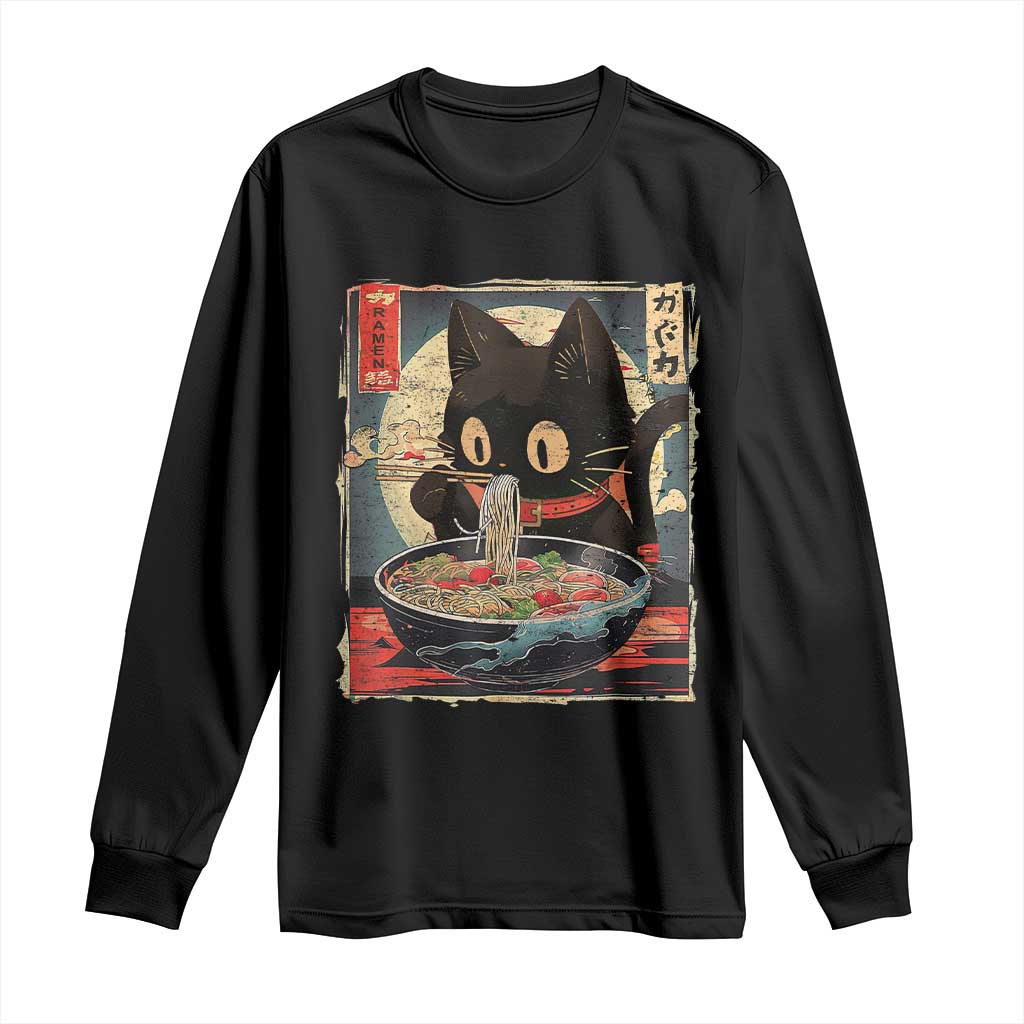 Funny Black Cat Eating Ramen Noodle Graphic Long Sleeve Shirt Japanese Kawaii Anime Gifts TS02 Black Print Your Wear
