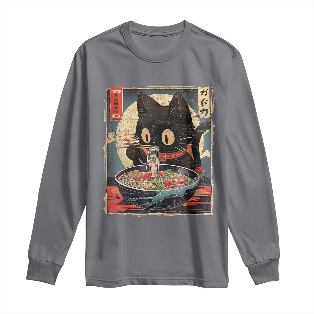 Funny Black Cat Eating Ramen Noodle Graphic Long Sleeve Shirt Japanese Kawaii Anime Gifts TS02 Charcoal Print Your Wear