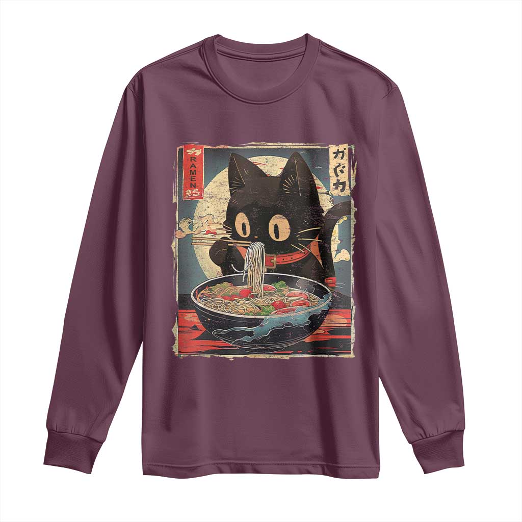 Funny Black Cat Eating Ramen Noodle Graphic Long Sleeve Shirt Japanese Kawaii Anime Gifts TS02 Maroon Print Your Wear