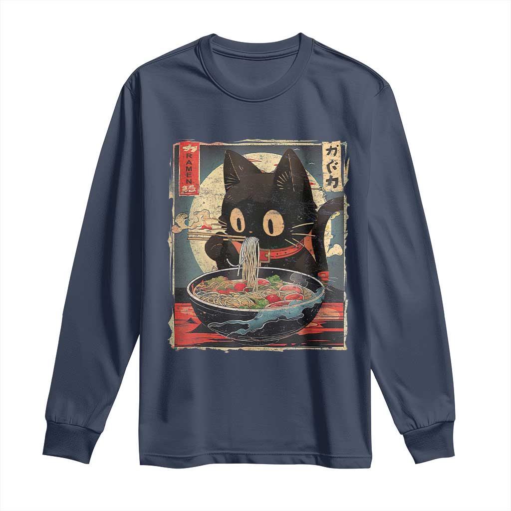 Funny Black Cat Eating Ramen Noodle Graphic Long Sleeve Shirt Japanese Kawaii Anime Gifts TS02 Navy Print Your Wear