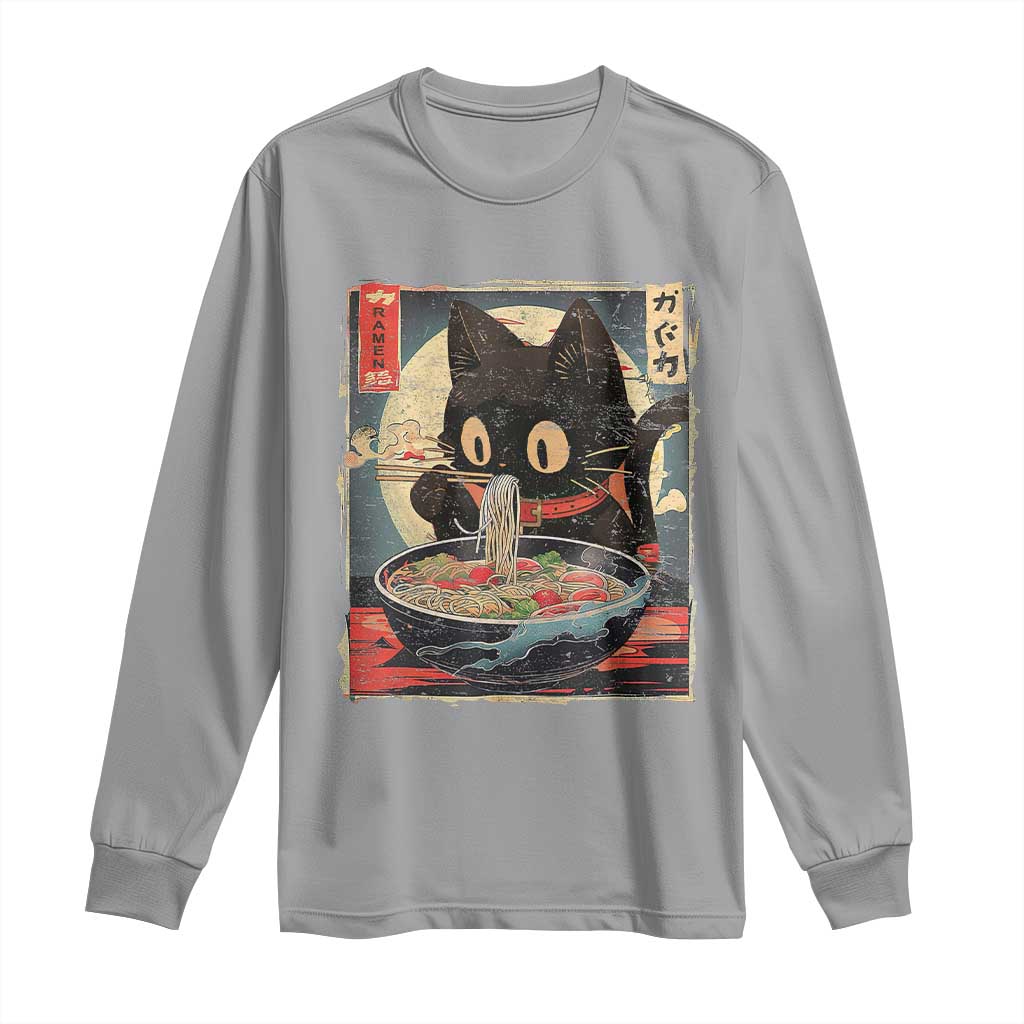 Funny Black Cat Eating Ramen Noodle Graphic Long Sleeve Shirt Japanese Kawaii Anime Gifts TS02 Sport Gray Print Your Wear