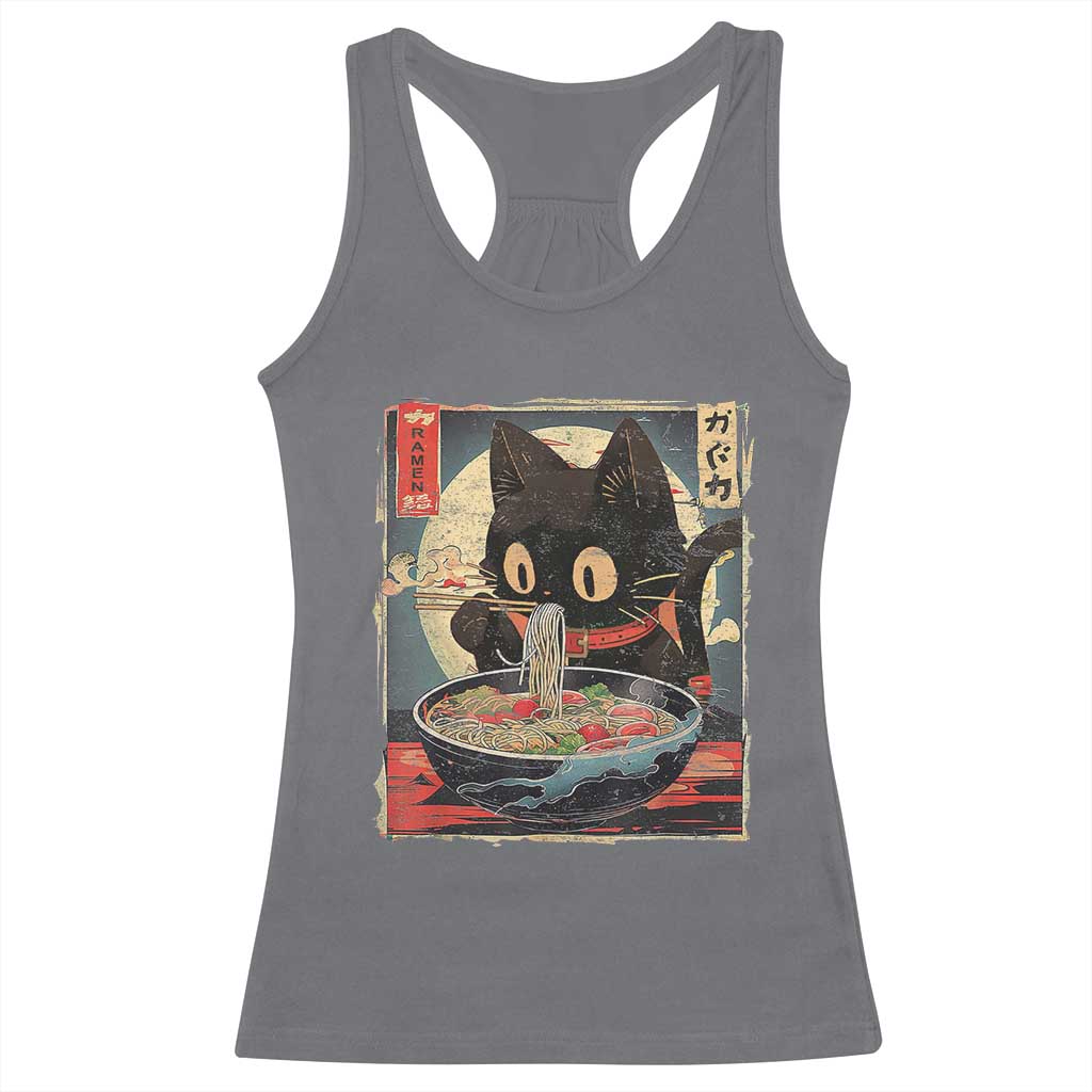 Funny Black Cat Eating Ramen Noodle Graphic Racerback Tank Top Japanese Kawaii Anime Gifts TS02 Charcoal Print Your Wear