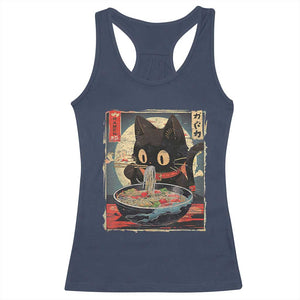 Funny Black Cat Eating Ramen Noodle Graphic Racerback Tank Top Japanese Kawaii Anime Gifts TS02 Navy Print Your Wear