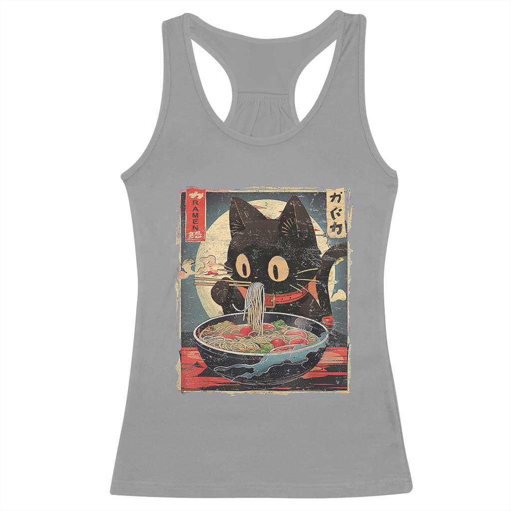 Funny Black Cat Eating Ramen Noodle Graphic Racerback Tank Top Japanese Kawaii Anime Gifts TS02 Sport Gray Print Your Wear