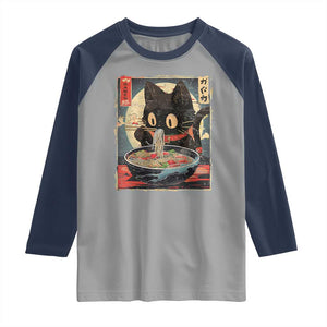 Funny Black Cat Eating Ramen Noodle Graphic Raglan Shirt Japanese Kawaii Anime Gifts TS02 Sport Gray Navy Print Your Wear