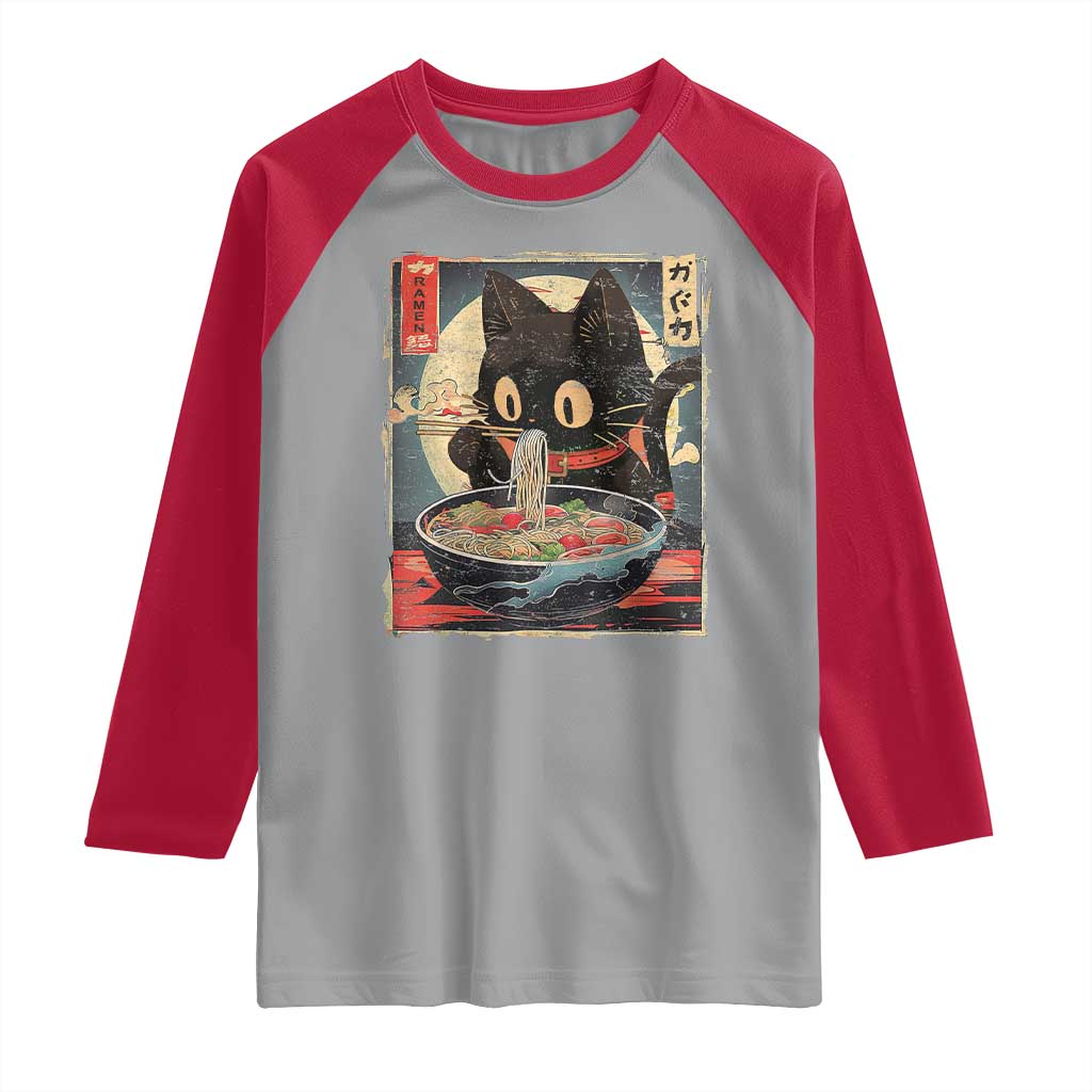 Funny Black Cat Eating Ramen Noodle Graphic Raglan Shirt Japanese Kawaii Anime Gifts TS02 Sport Gray Red Print Your Wear