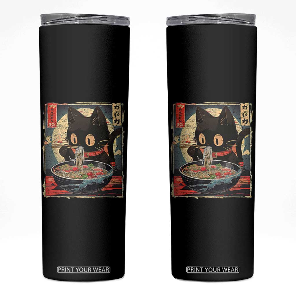 Funny Black Cat Eating Ramen Noodle Graphic Skinny Tumbler Japanese Kawaii Anime Gifts TS02 Black Print Your Wear
