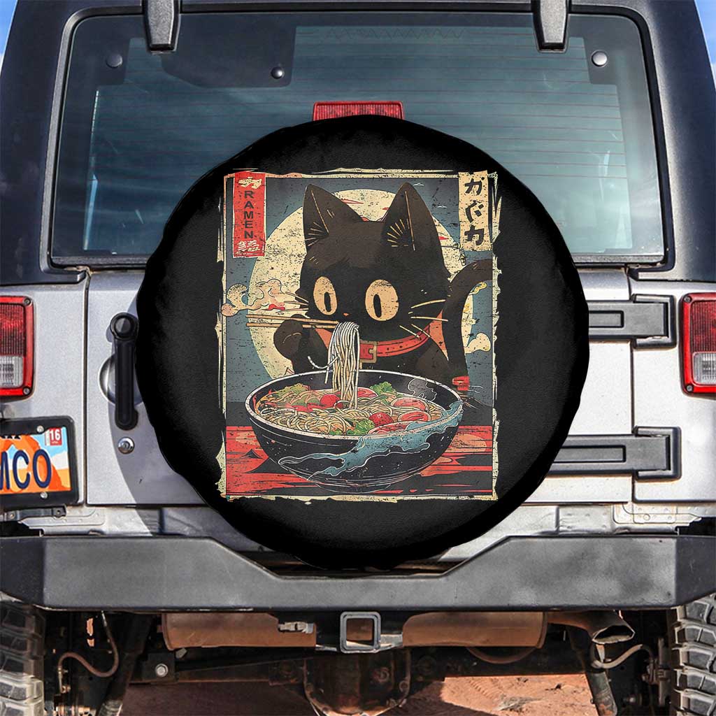 Funny Black Cat Eating Ramen Noodle Graphic Spare Tire Cover Japanese Kawaii Anime Gifts TS02 No hole Black Print Your Wear