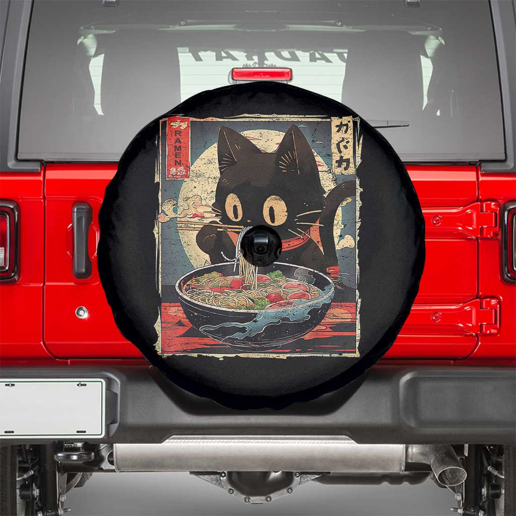 Funny Black Cat Eating Ramen Noodle Graphic Spare Tire Cover Japanese Kawaii Anime Gifts TS02 Black Print Your Wear