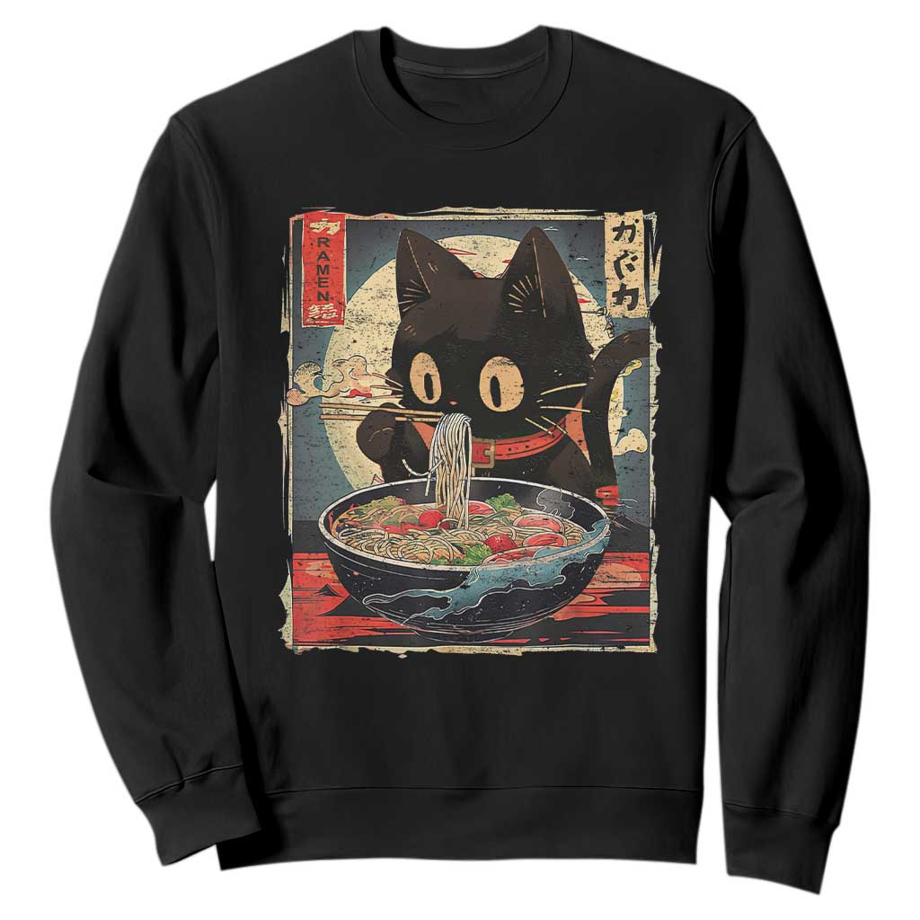 Funny Black Cat Eating Ramen Noodle Graphic Sweatshirt Japanese Kawaii Anime Gifts TS02 Black Print Your Wear