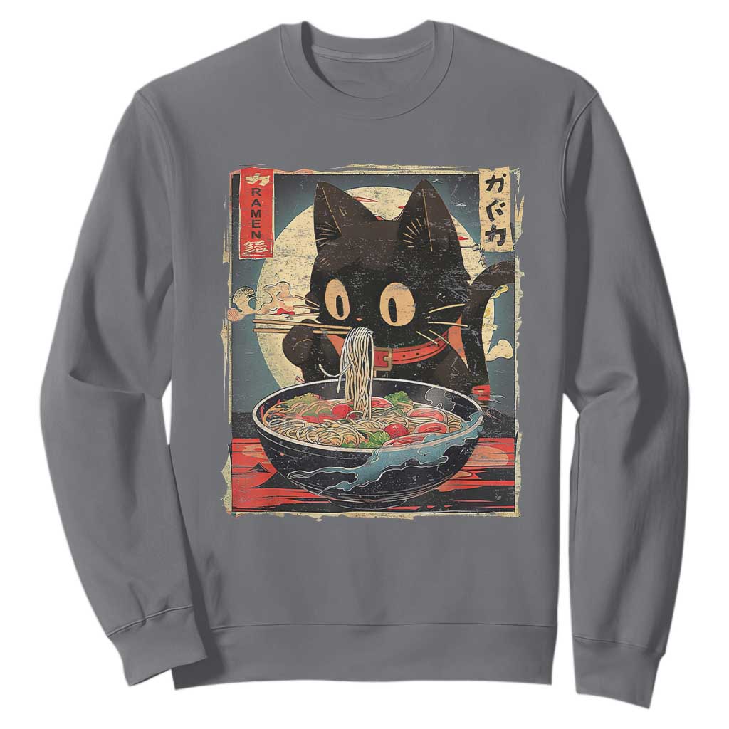 Funny Black Cat Eating Ramen Noodle Graphic Sweatshirt Japanese Kawaii Anime Gifts TS02 Charcoal Print Your Wear