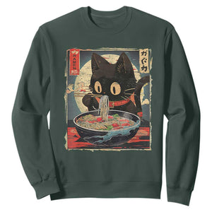 Funny Black Cat Eating Ramen Noodle Graphic Sweatshirt Japanese Kawaii Anime Gifts TS02 Dark Forest Green Print Your Wear