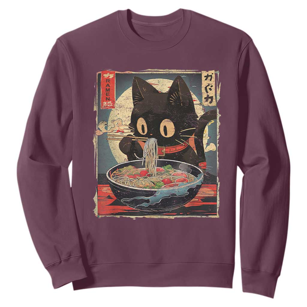 Funny Black Cat Eating Ramen Noodle Graphic Sweatshirt Japanese Kawaii Anime Gifts TS02 Maroon Print Your Wear