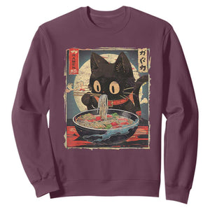 Funny Black Cat Eating Ramen Noodle Graphic Sweatshirt Japanese Kawaii Anime Gifts TS02 Maroon Print Your Wear