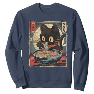 Funny Black Cat Eating Ramen Noodle Graphic Sweatshirt Japanese Kawaii Anime Gifts TS02 Navy Print Your Wear