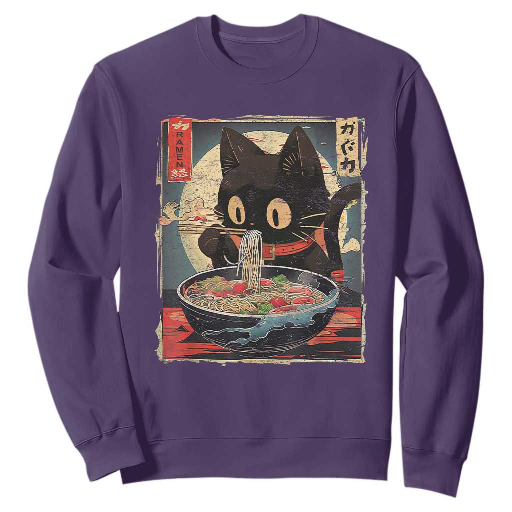 Funny Black Cat Eating Ramen Noodle Graphic Sweatshirt Japanese Kawaii Anime Gifts TS02 Purple Print Your Wear