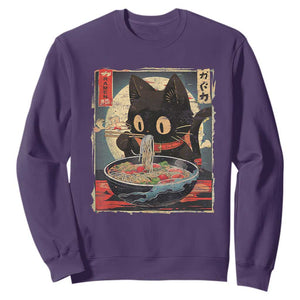 Funny Black Cat Eating Ramen Noodle Graphic Sweatshirt Japanese Kawaii Anime Gifts TS02 Purple Print Your Wear