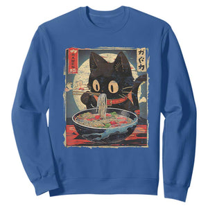 Funny Black Cat Eating Ramen Noodle Graphic Sweatshirt Japanese Kawaii Anime Gifts TS02 Royal Blue Print Your Wear