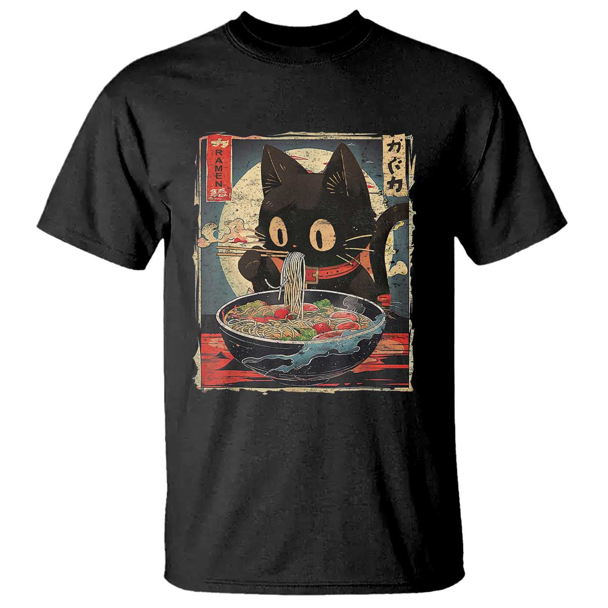 Funny Black Cat Eating Ramen Noodle Graphic T Shirt Japanese Kawaii Anime Gifts TS02 Black Print Your Wear