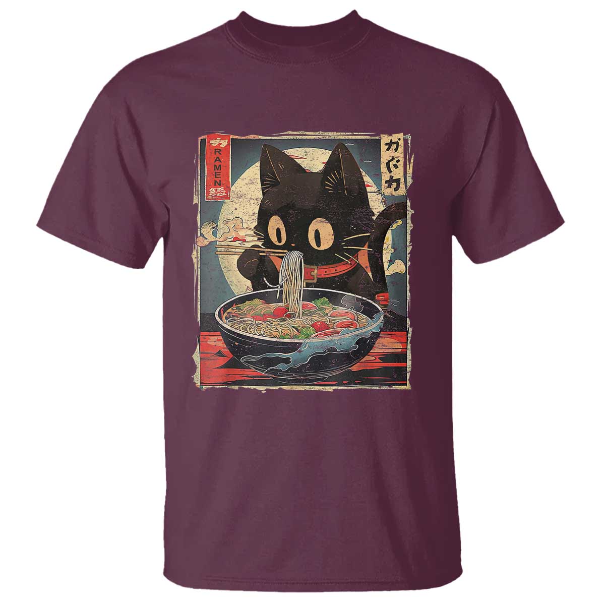 Funny Black Cat Eating Ramen Noodle Graphic T Shirt Japanese Kawaii Anime Gifts TS02 Maroon Print Your Wear