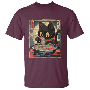 Funny Black Cat Eating Ramen Noodle Graphic T Shirt Japanese Kawaii Anime Gifts TS02 Maroon Print Your Wear