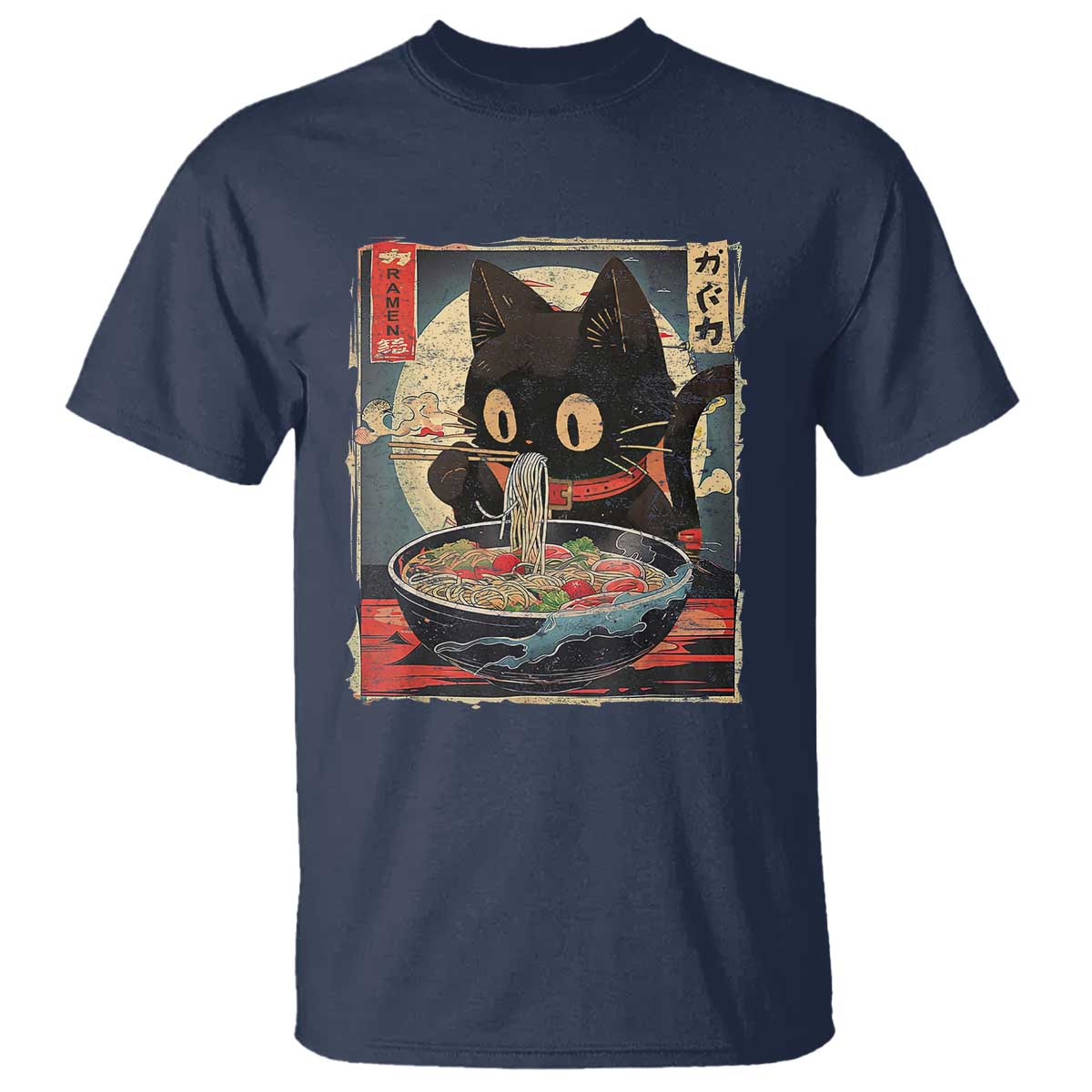 Funny Black Cat Eating Ramen Noodle Graphic T Shirt Japanese Kawaii Anime Gifts TS02 Navy Print Your Wear
