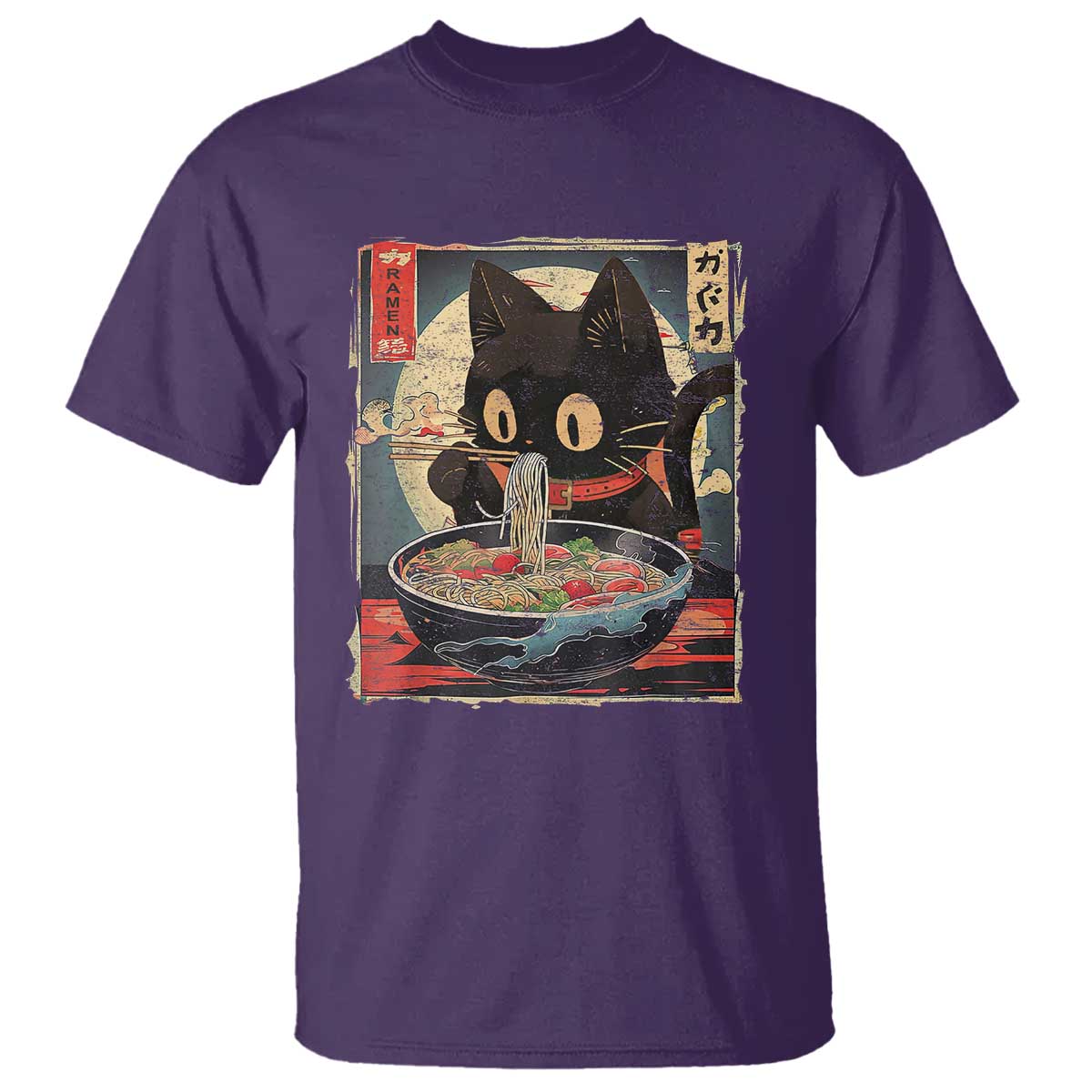 Funny Black Cat Eating Ramen Noodle Graphic T Shirt Japanese Kawaii Anime Gifts TS02 Purple Print Your Wear