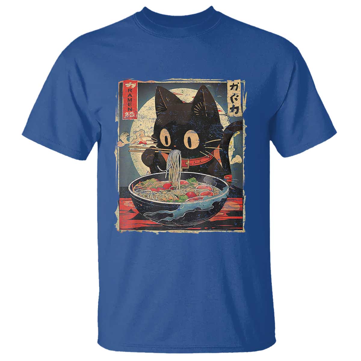 Funny Black Cat Eating Ramen Noodle Graphic T Shirt Japanese Kawaii Anime Gifts TS02 Royal Blue Print Your Wear