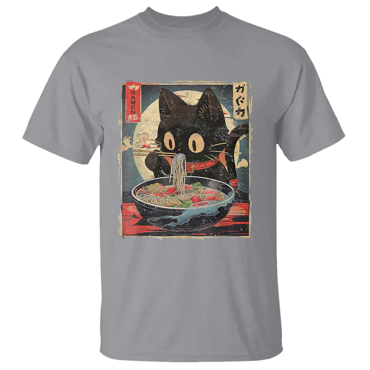 Funny Black Cat Eating Ramen Noodle Graphic T Shirt Japanese Kawaii Anime Gifts TS02 Sport Gray Print Your Wear