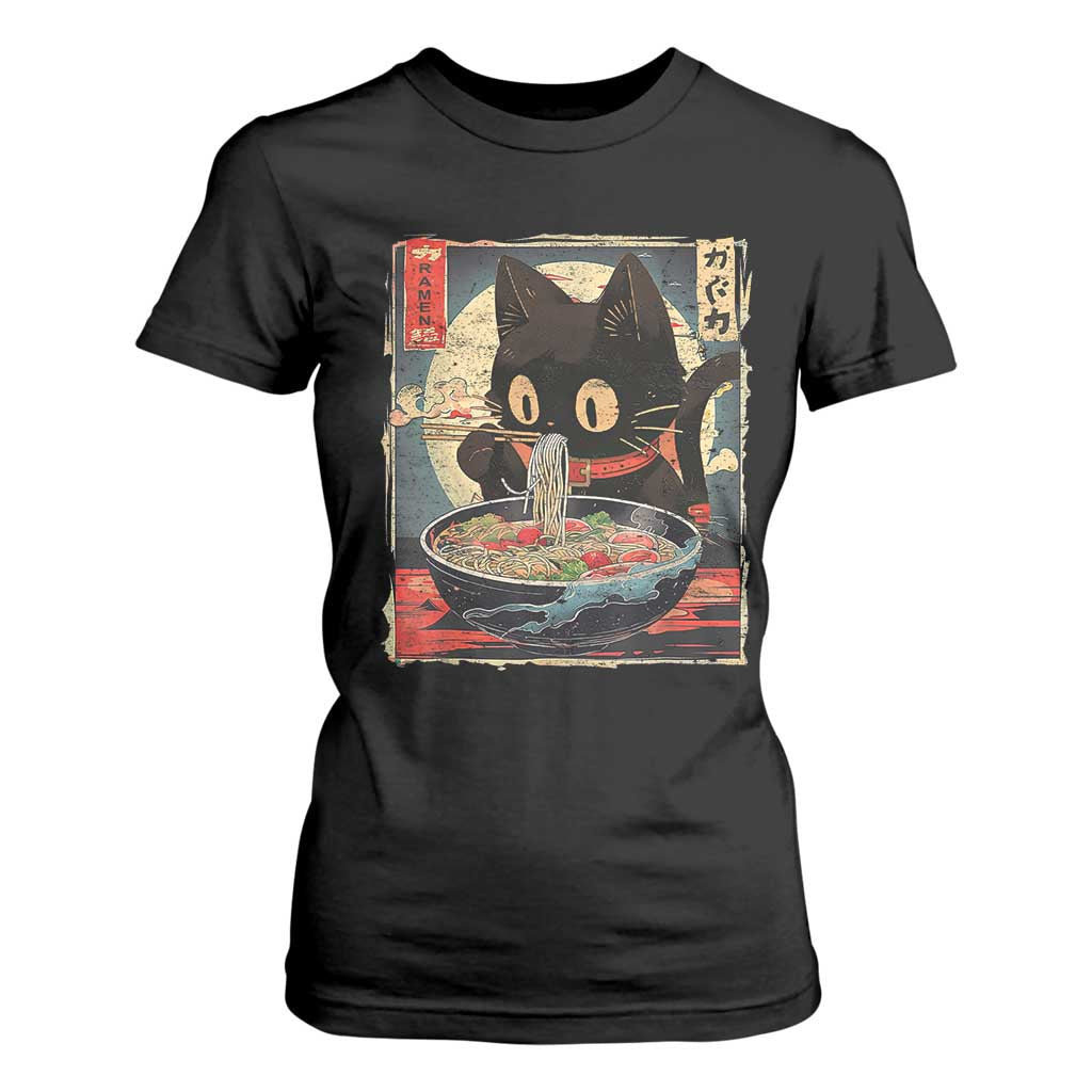 Funny Black Cat Eating Ramen Noodle Graphic T Shirt For Women Japanese Kawaii Anime Gifts TS02 Black Print Your Wear