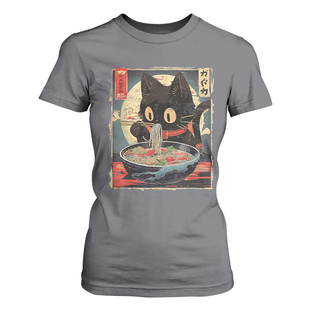 Funny Black Cat Eating Ramen Noodle Graphic T Shirt For Women Japanese Kawaii Anime Gifts TS02 Charcoal Print Your Wear
