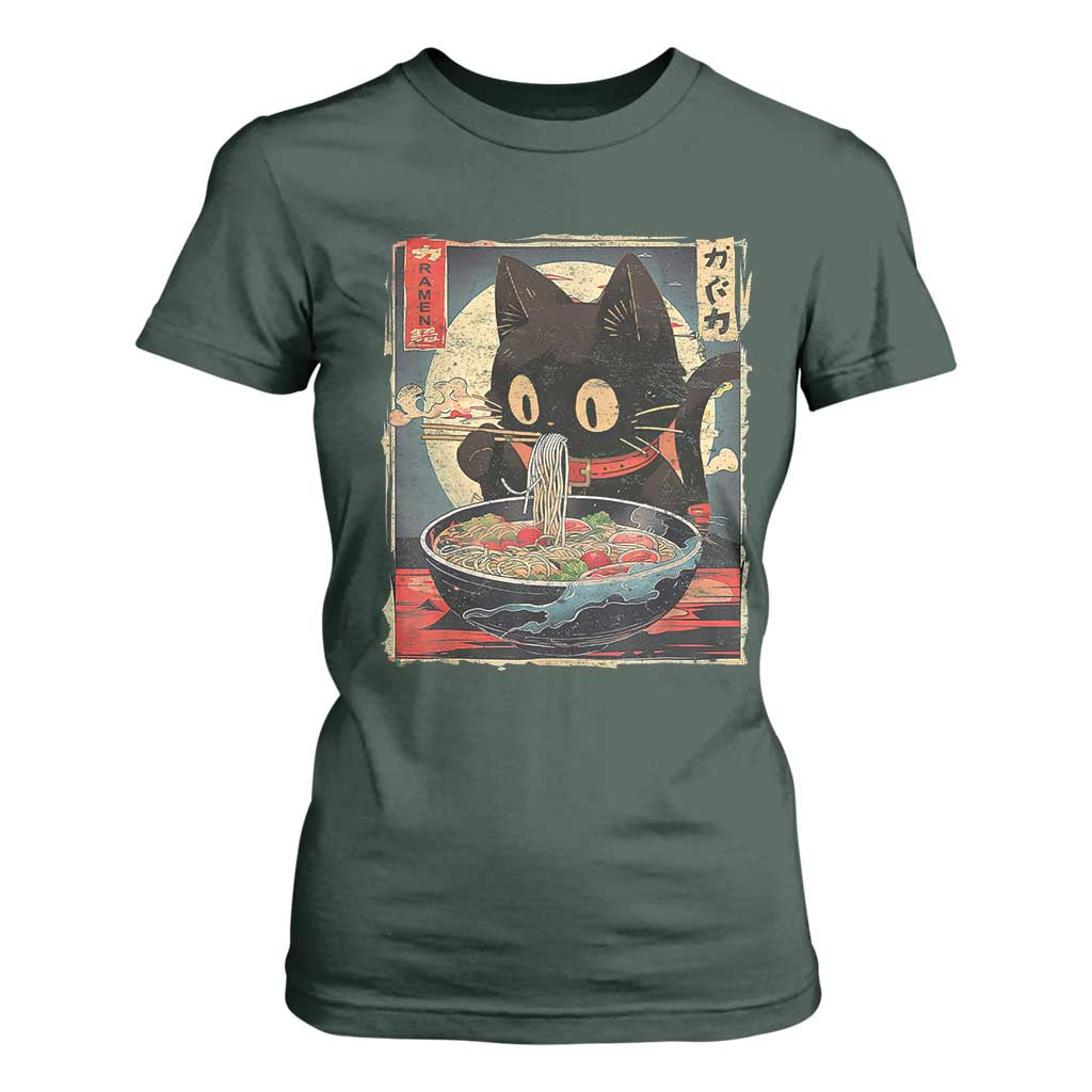 Funny Black Cat Eating Ramen Noodle Graphic T Shirt For Women Japanese Kawaii Anime Gifts TS02 Dark Forest Green Print Your Wear