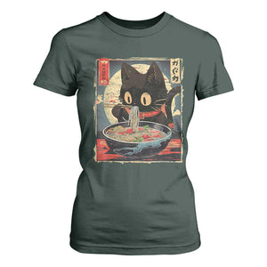 Funny Black Cat Eating Ramen Noodle Graphic T Shirt For Women Japanese Kawaii Anime Gifts TS02 Dark Forest Green Print Your Wear