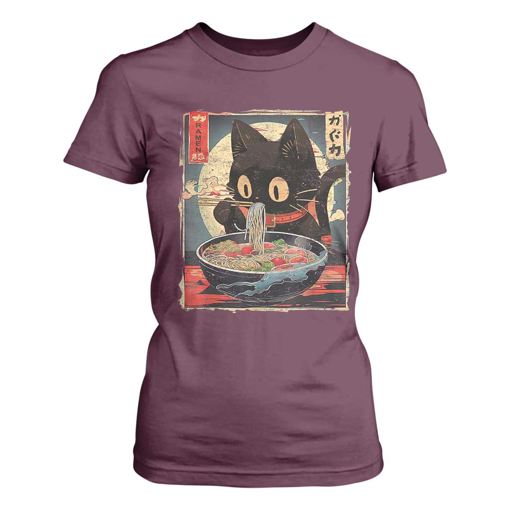 Funny Black Cat Eating Ramen Noodle Graphic T Shirt For Women Japanese Kawaii Anime Gifts TS02 Maroon Print Your Wear