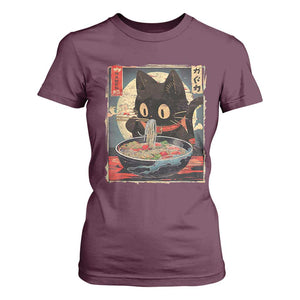 Funny Black Cat Eating Ramen Noodle Graphic T Shirt For Women Japanese Kawaii Anime Gifts TS02 Maroon Print Your Wear