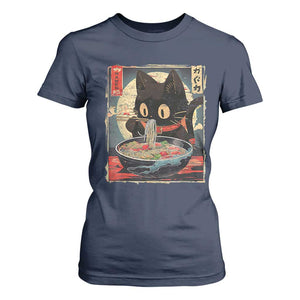 Funny Black Cat Eating Ramen Noodle Graphic T Shirt For Women Japanese Kawaii Anime Gifts TS02 Navy Print Your Wear