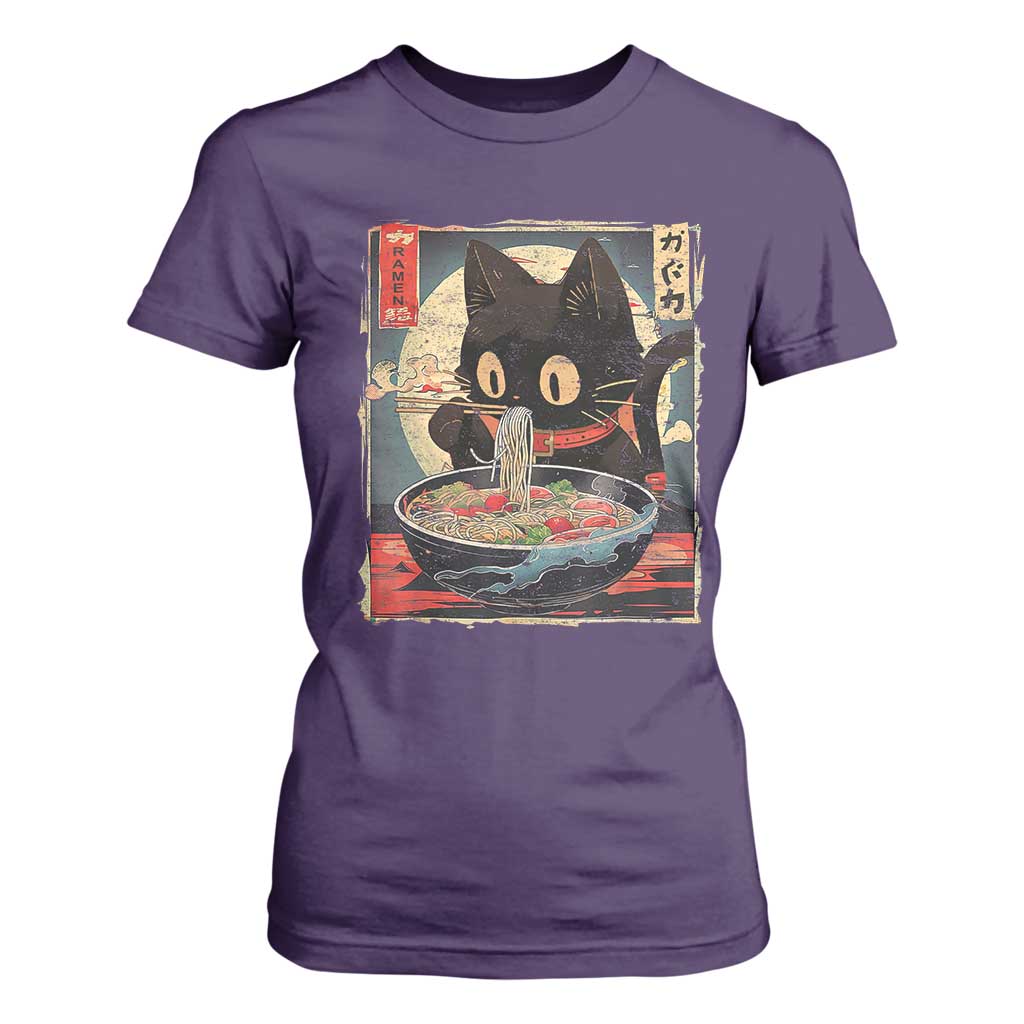 Funny Black Cat Eating Ramen Noodle Graphic T Shirt For Women Japanese Kawaii Anime Gifts TS02 Purple Print Your Wear