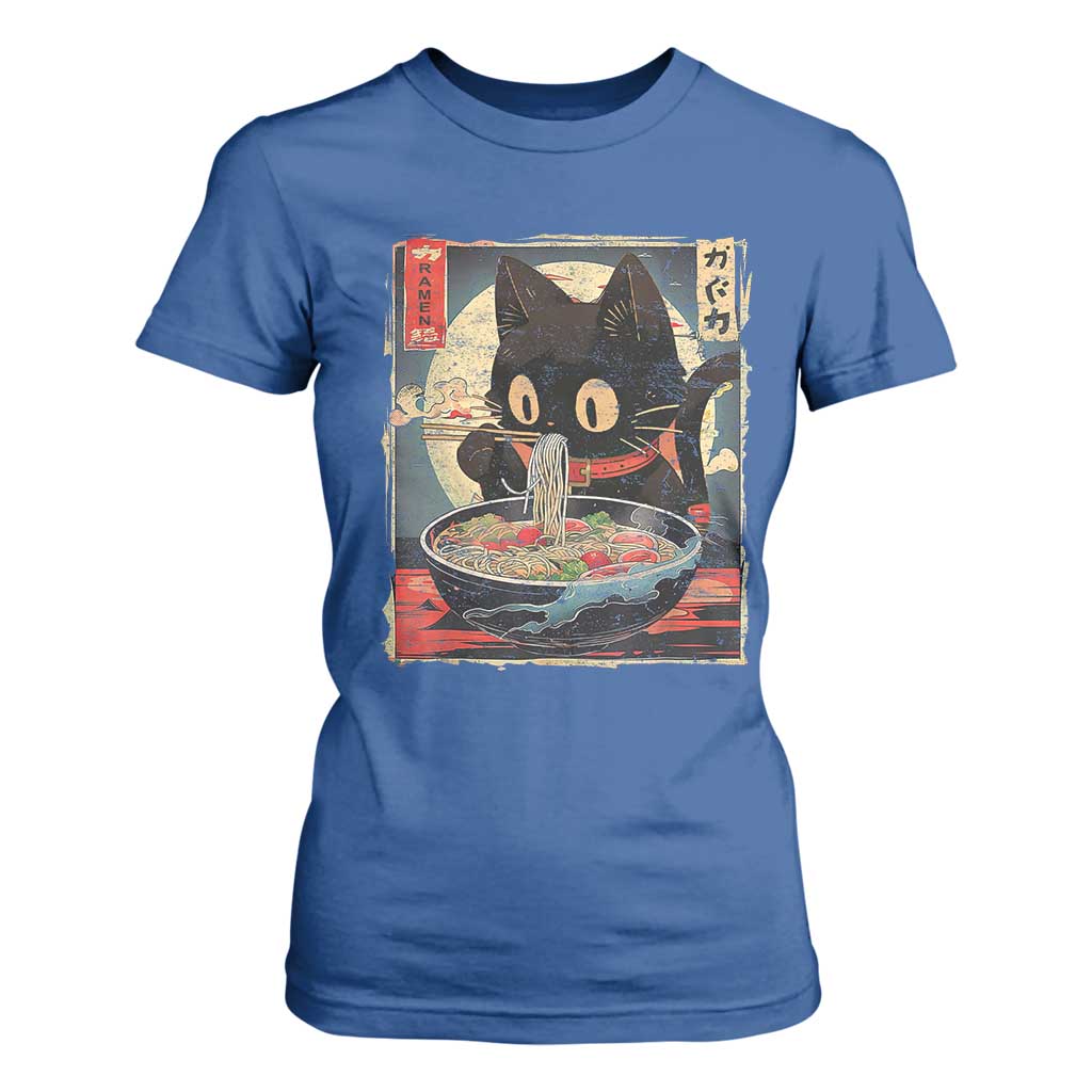 Funny Black Cat Eating Ramen Noodle Graphic T Shirt For Women Japanese Kawaii Anime Gifts TS02 Royal Blue Print Your Wear