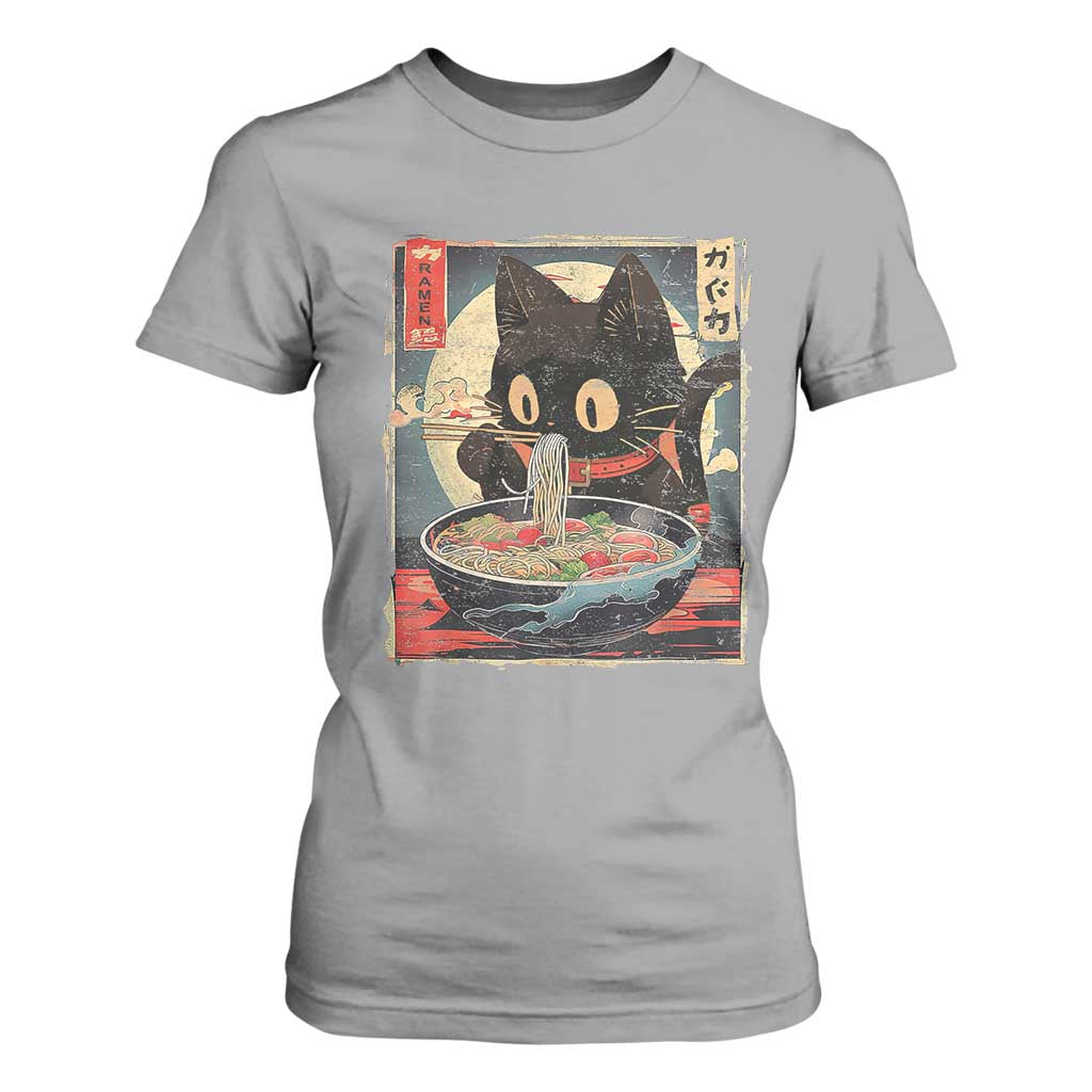 Funny Black Cat Eating Ramen Noodle Graphic T Shirt For Women Japanese Kawaii Anime Gifts TS02 Sport Gray Print Your Wear