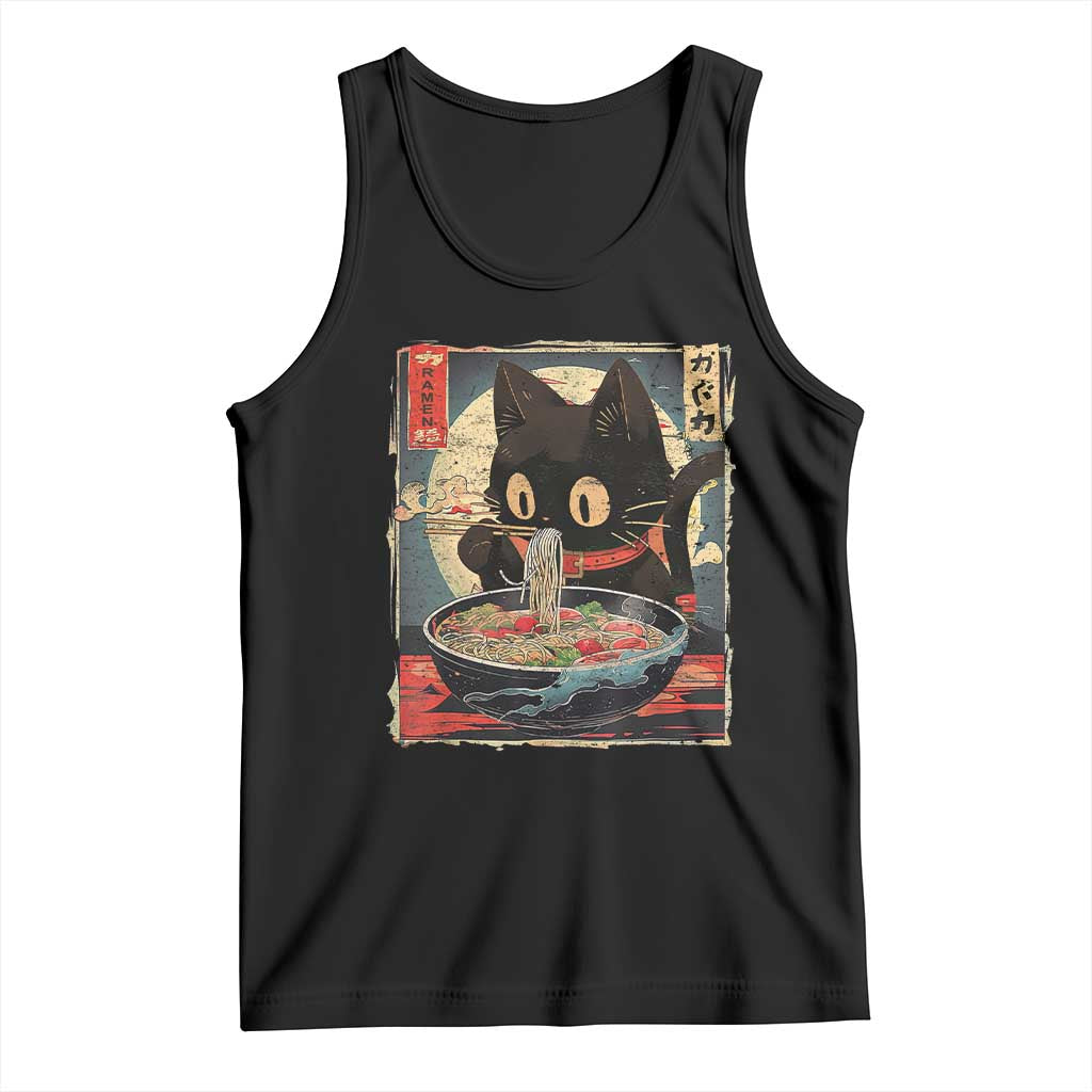 Funny Black Cat Eating Ramen Noodle Graphic Tank Top Japanese Kawaii Anime Gifts TS02 Black Print Your Wear